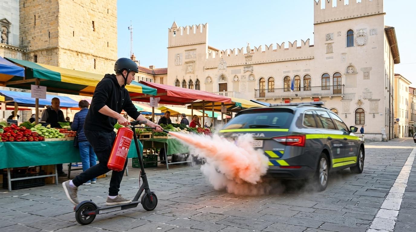 Mladostnik v Kopru med vožnjo z gasilnim aparatom proti policijskemu vozilu