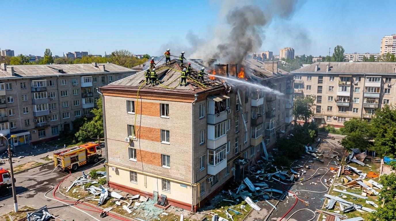 Po eksplozijah v Kijevu zagorela hiša v okrožju Holosiivskyi