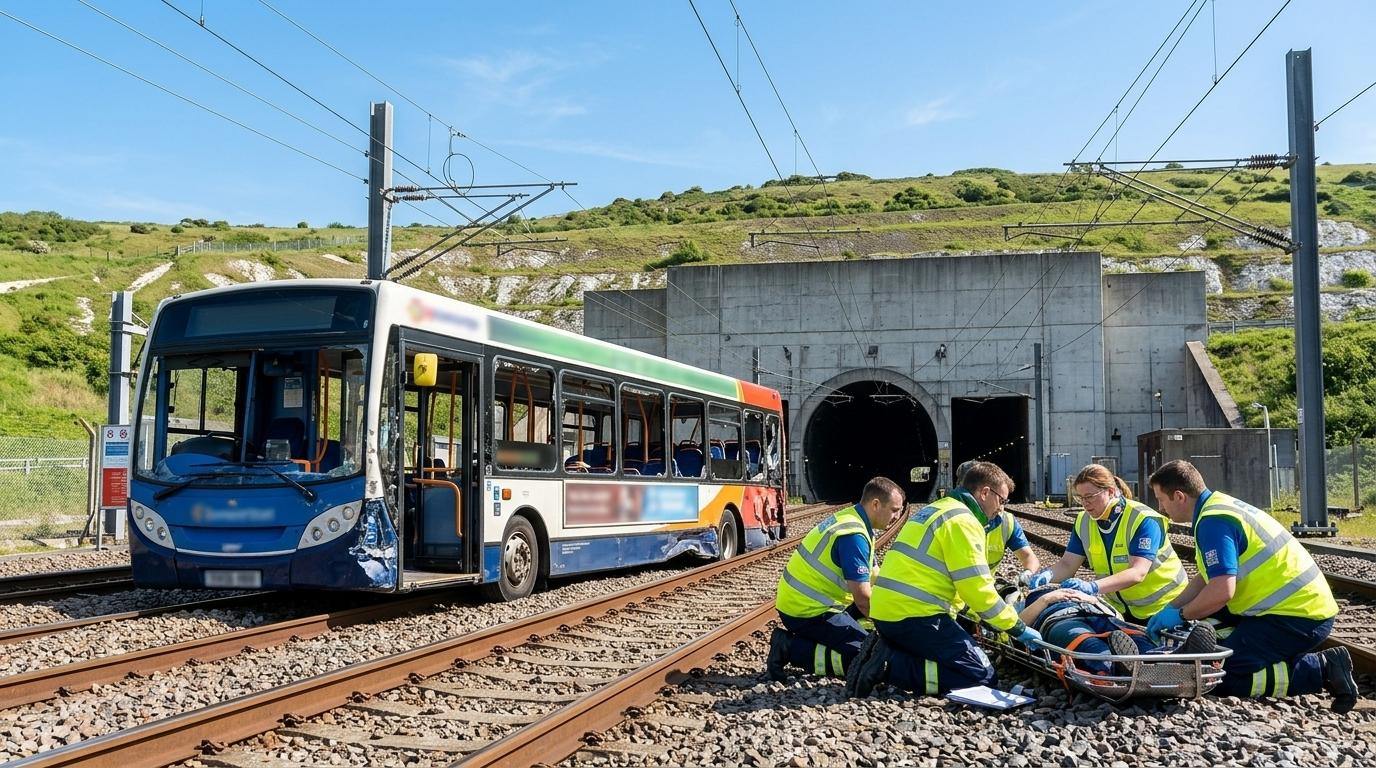 Pri trčenju vlaka in avtobusa pri Evrotunelu ranjenih najmanj 19 ljudi